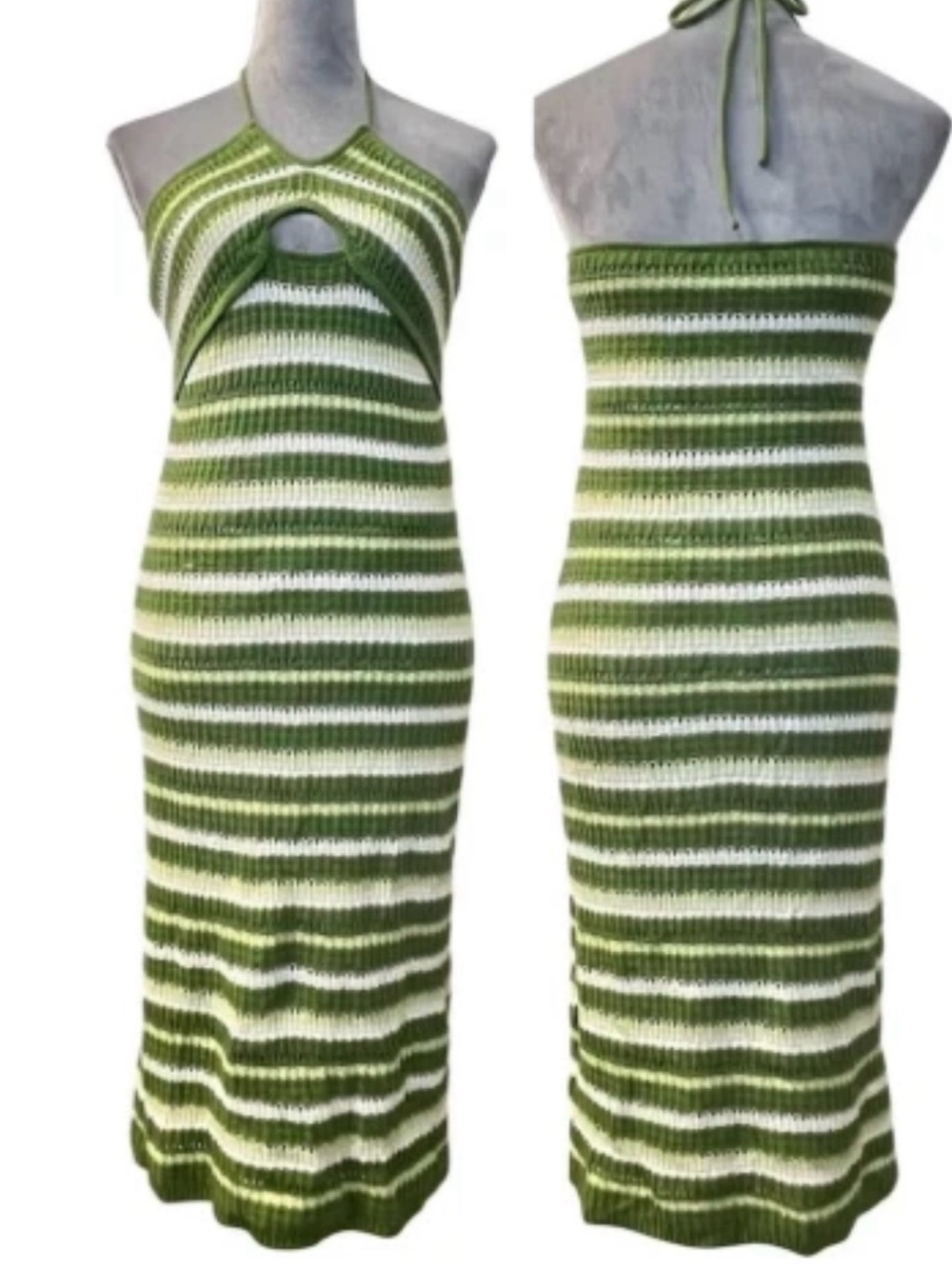 Sincerely Jules Green & White Striped crochet knit bodycon hippie halter dress